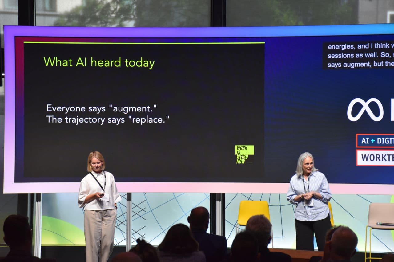 Dan and Alice presenting on stage at WORKTECH AI + Digital Technologies London